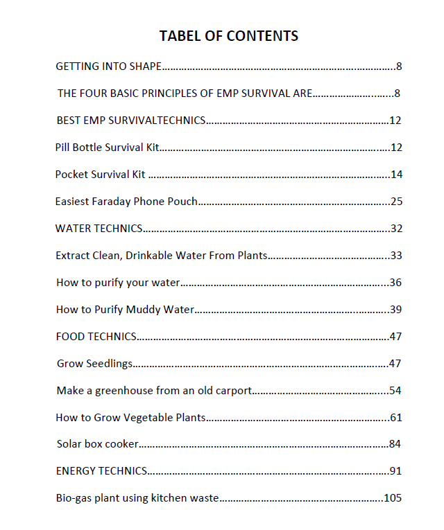 Final Survival Plan contents